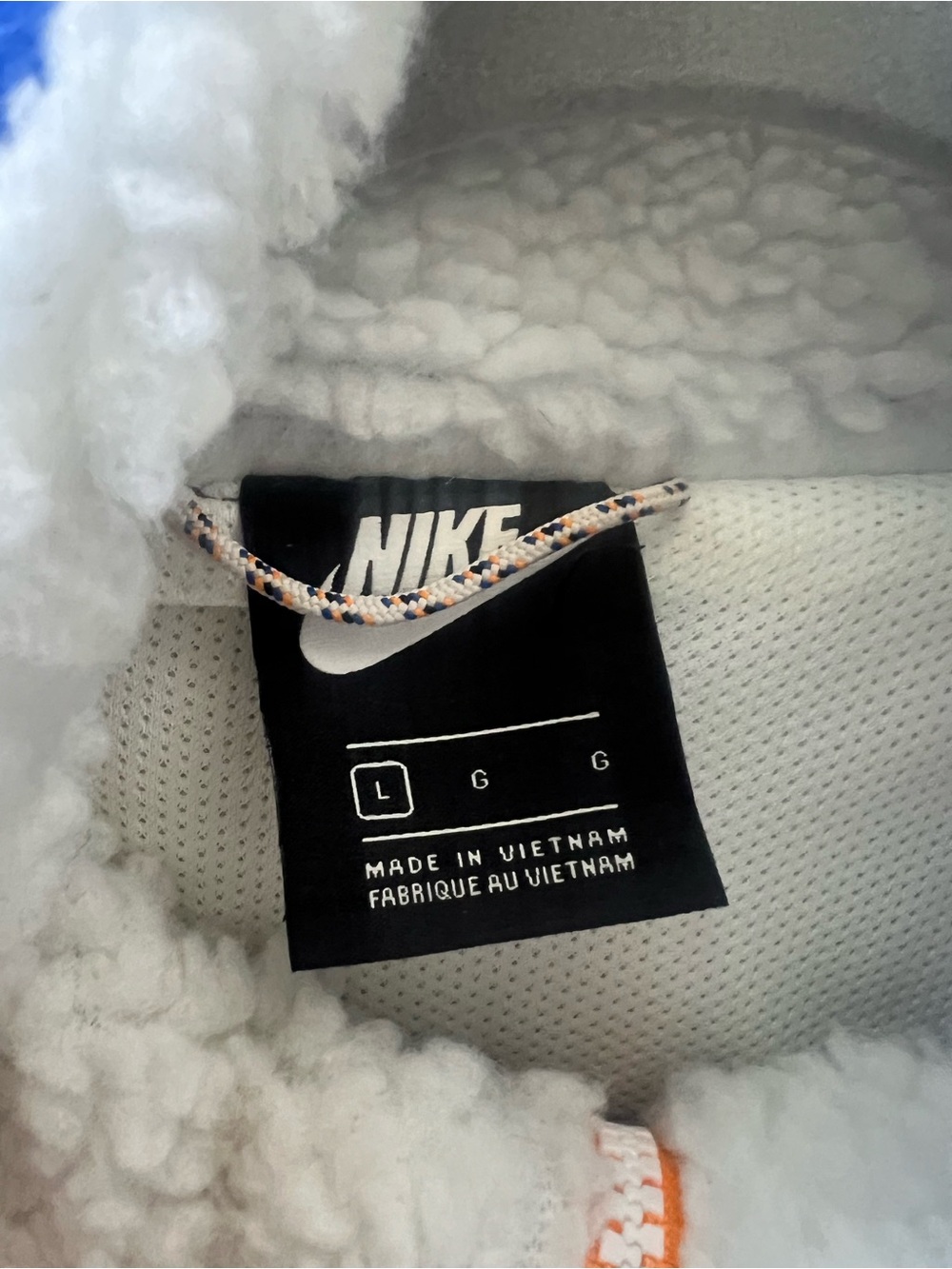 Nike Cream Sherpa Jacket with Blue Panels and Orange Trim - Picture 7 of 10